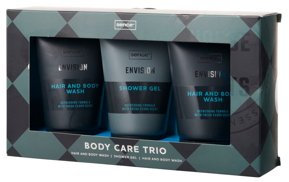Gavesett Sence Men 3 deler Body Care Trio med tre mørkegrå og turkise kroppspleieprodukter i en mønstret boks.