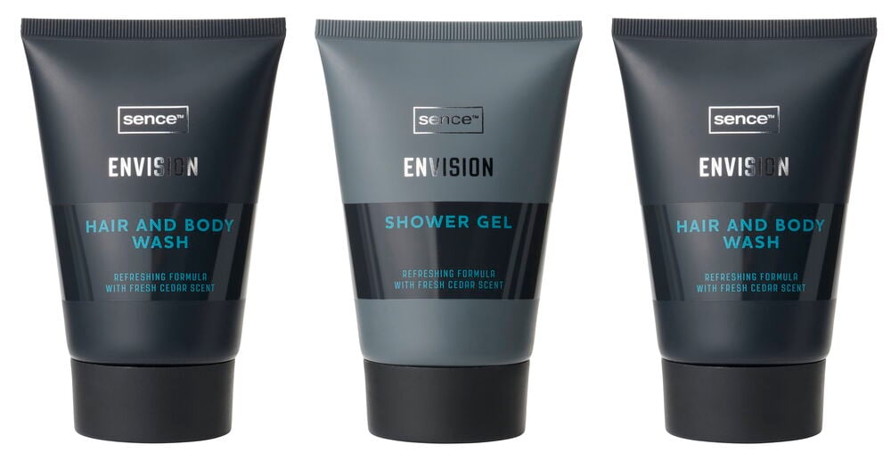 Gavesett Sence Men 3 deler Body Care Trio: en lys grå dusjgele og to mørkegrå hår- og kroppsvask tuber.