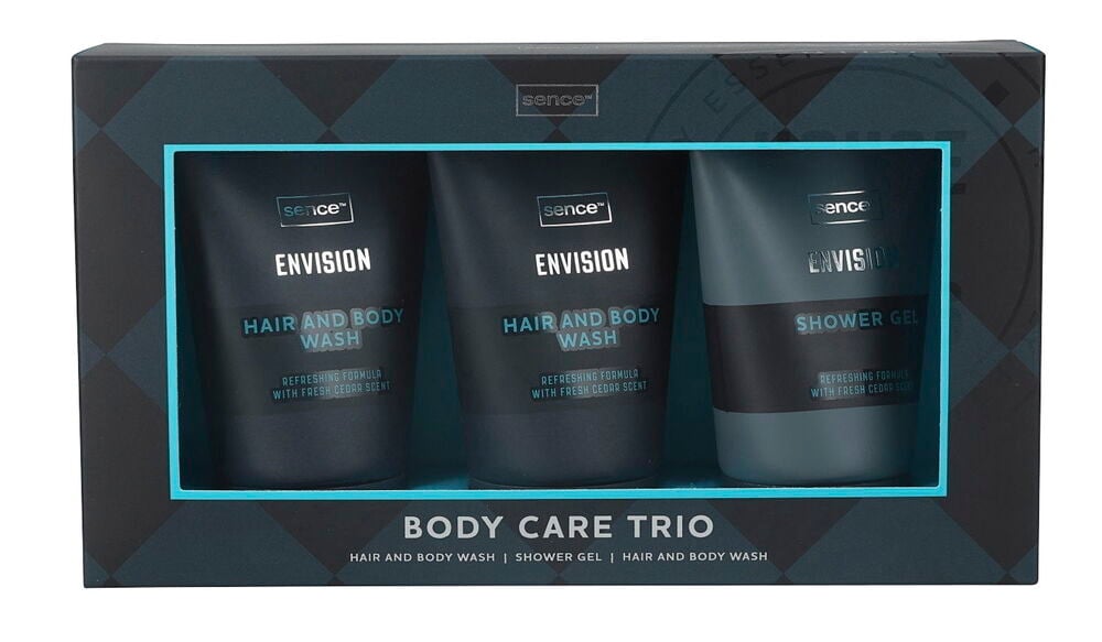 Gavesett Sence Men 3 deler Body Care Trio: Mørk eske med to svarte hår- og kroppsvasker, én dusjgel.