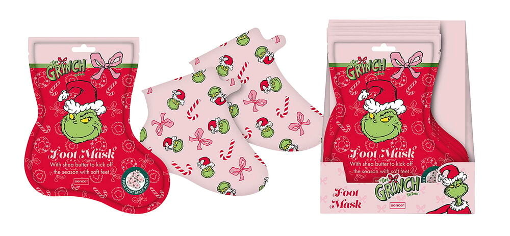 Röd Grinch Fotmask Sence 1 Par förpackning med karaktär, två rosa mönstrade strumpor och presentset.