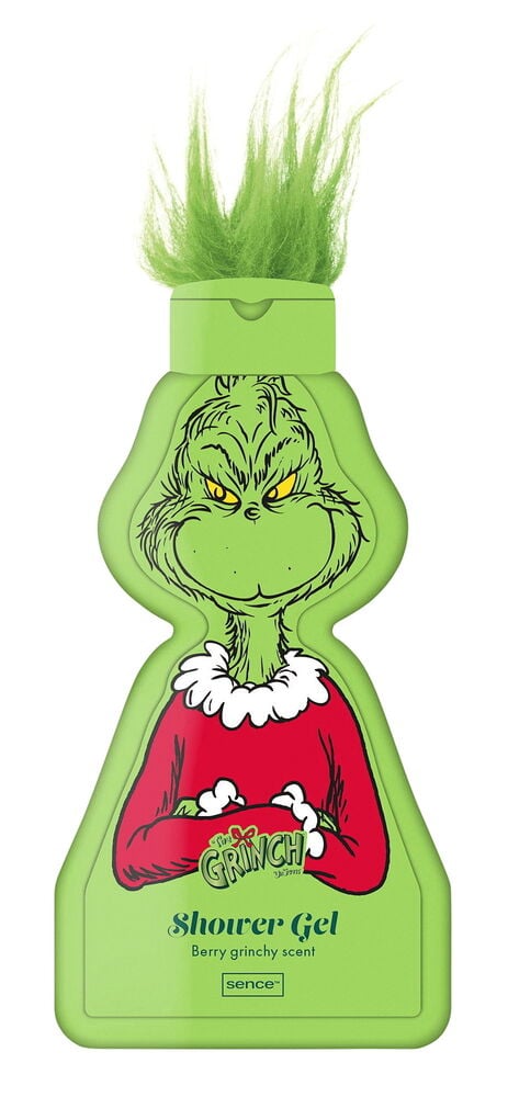 Grön Grinch-formad duschgelflaska med grönt luddigt hår, Grinch-illustration och bärdofttext.