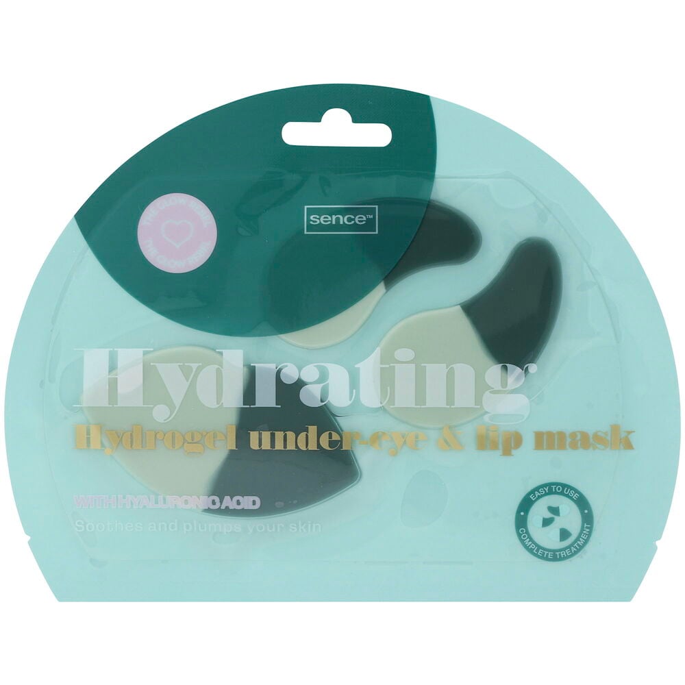 En ljusblå/grön förpackning med mörkgröna och krämfärgade hydrogel ögon- och läppmasker, innehållande tre delar.