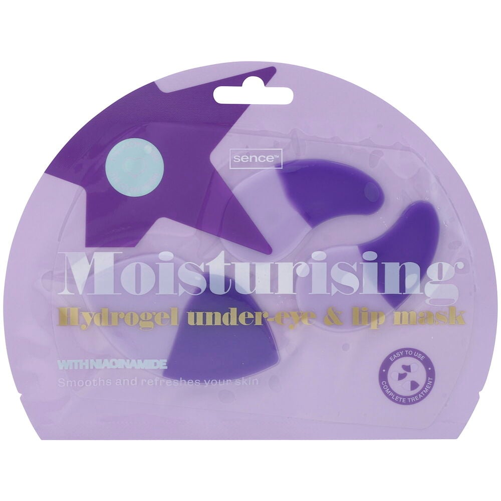 Sence Moisturising Hydrogel ögonmask och läppmask, tre lila delar, i klar förpackning.