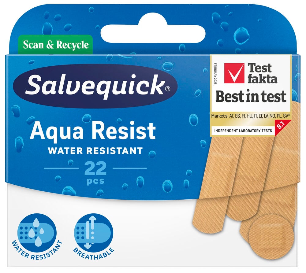 Sininen Salvequick Aqua Resist 22 laastaripakkaus näyttää beigejä suorakaiteen ja pyöreitä laastareita, vettähylkiviä ja hengittäviä.