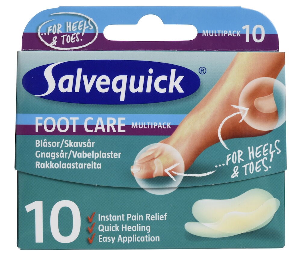 Förpackning med tio skavsårsplåster för hälar och tår.