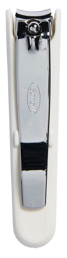 Nagelklippare i rostfritt stål med vit plasthållare.