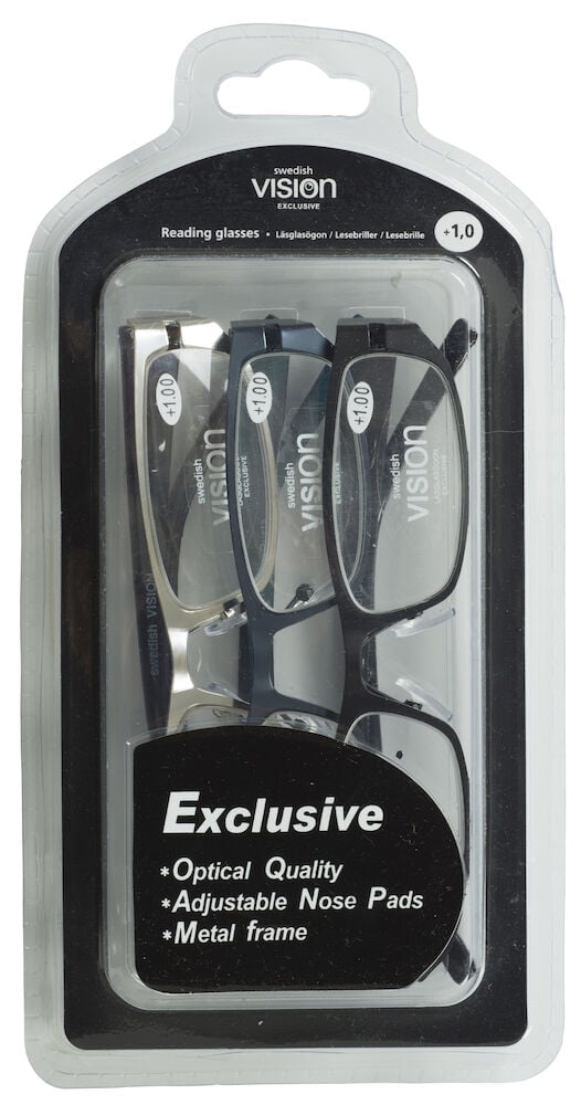 Kolme paria lukulaseja metallipakkauksessa.