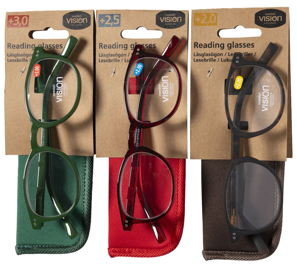 Kolme lukulasia eri väreissä kotelon kanssa.