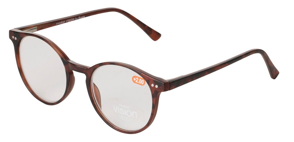 Ruskeat kirjavanväriset lukulasit Kajsa pyöreillä kehyksillä ja +2.00 vahvuisilla linsseillä, viisto edestä.