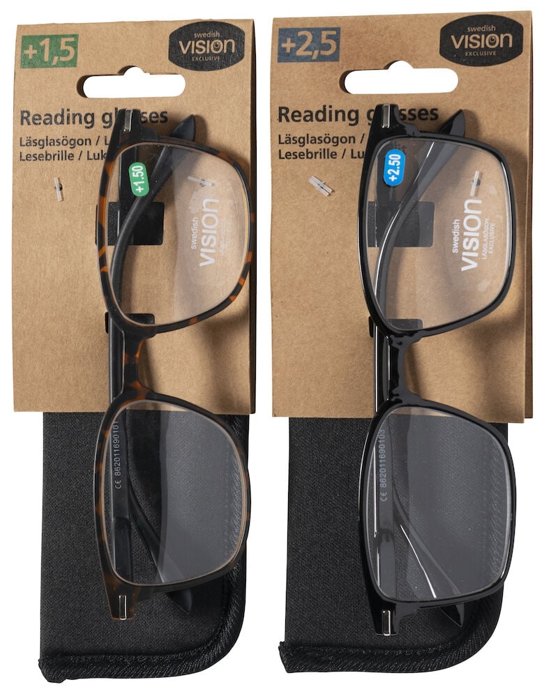 Kaksi pakettia lukulaseja eri vahvuuksilla.