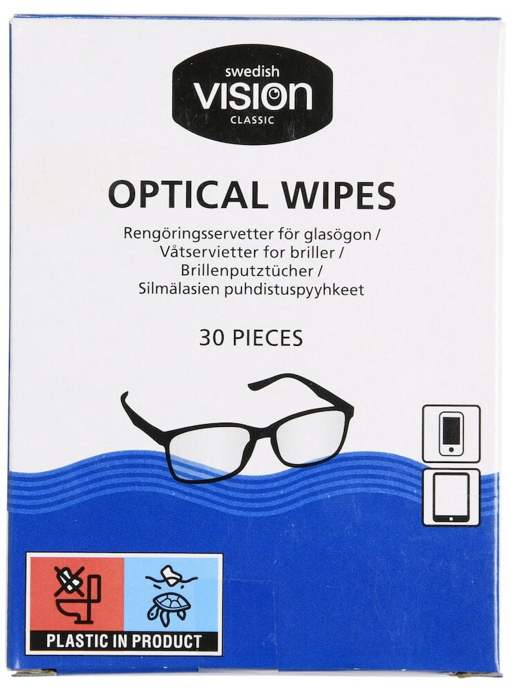 Sininen ja valkoinen pakkaus silmälasipyyhkeillä.