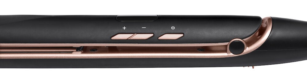 Svart och rosé plattång med keramiska plattor.