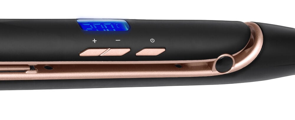 Svart och rosé plattång med blå LED display.