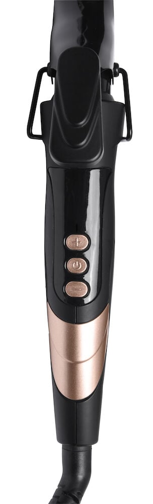 Svart locktång med roséfärgade detaljer och knappar.