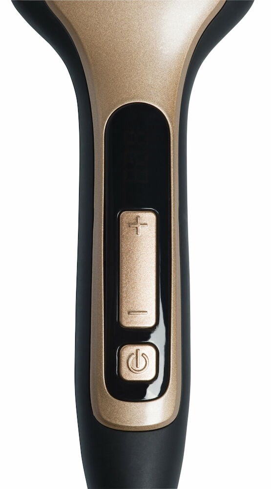 Håndtak på flatbørste med varmeregulering og strømbryter.