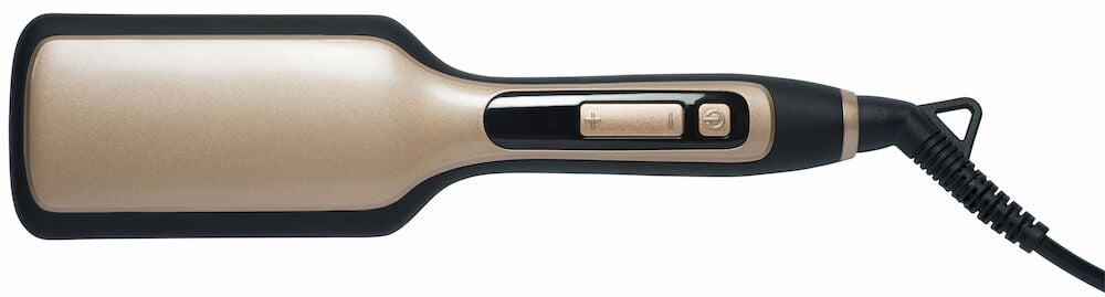 Gull rettetangbørste med svart håndtak og ledning.