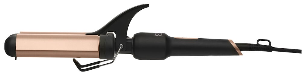 Schwarze und roséfarbene Wellenzange mit keramischem Griff.