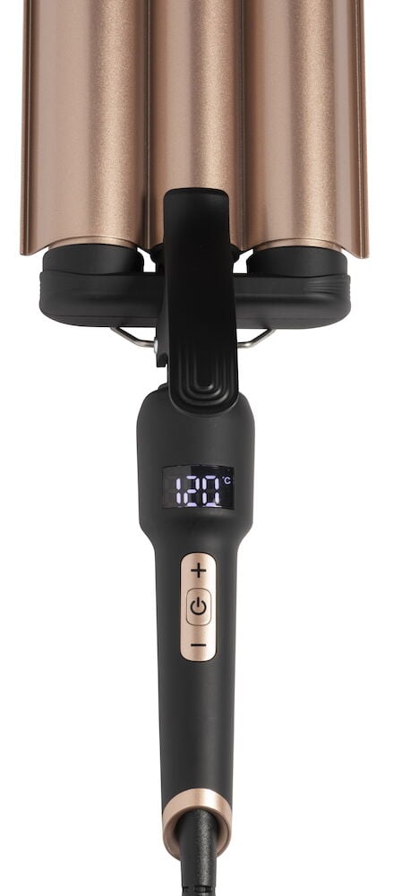 Schwarzes und roséfarbenes Welleneisen mit digitaler Anzeige.