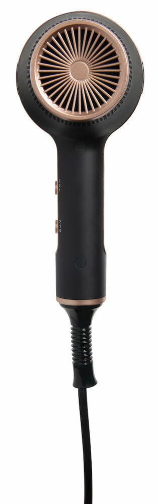 Svart och kopparfärgad hårfön med lång sladd.