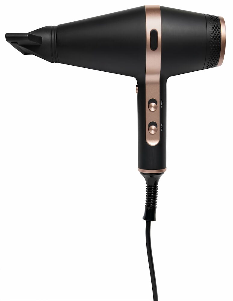 Svart hårfön med kopparfärgade detaljer och munstycke.