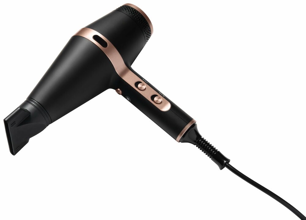 Svart hårfön med kopparfärgade detaljer och munstycke.