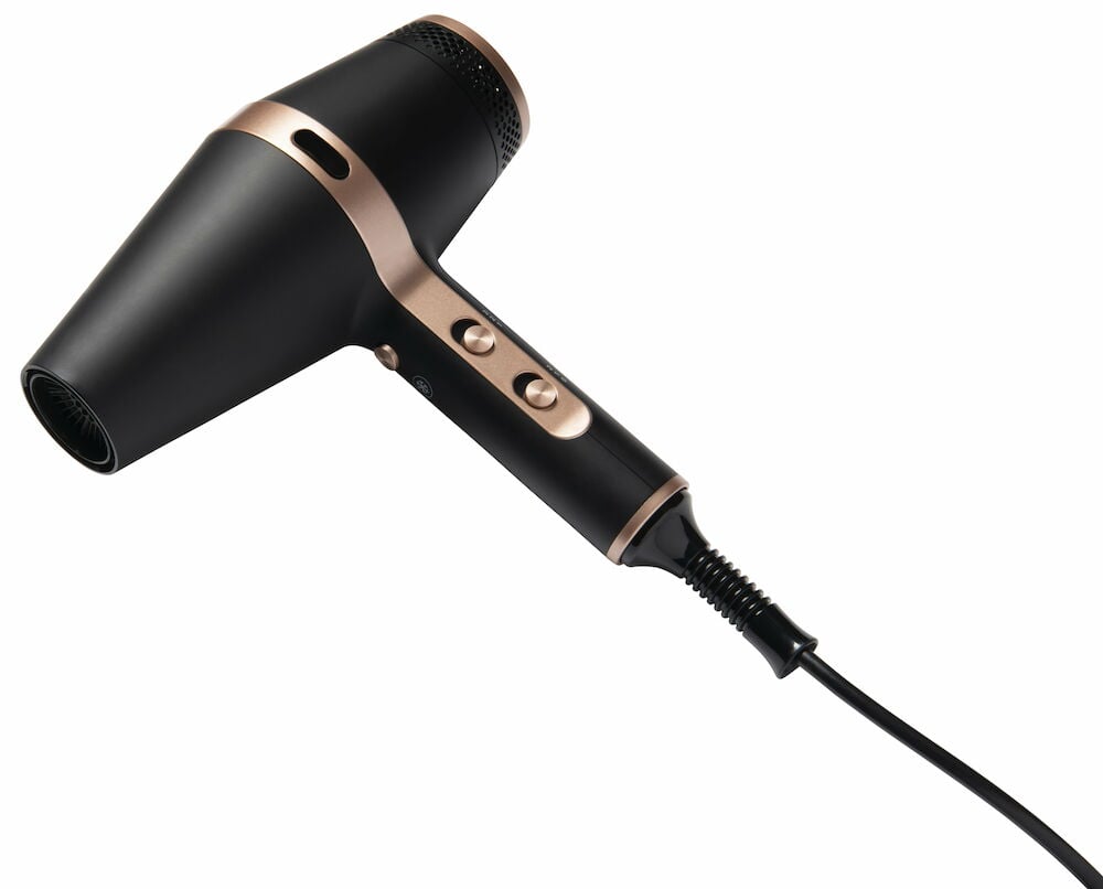 Svart hårfön med guld detaljer och knappreglage.