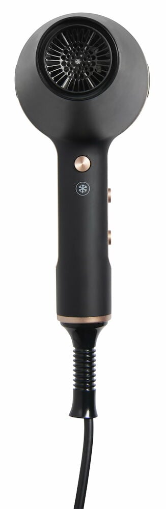 Svart professionell hårfön med guldknappar och lång sladd.