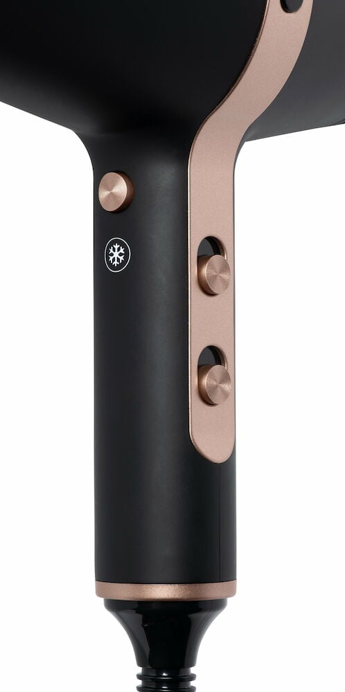 Svart och kopparfärgad professionell hårfön med reglage.