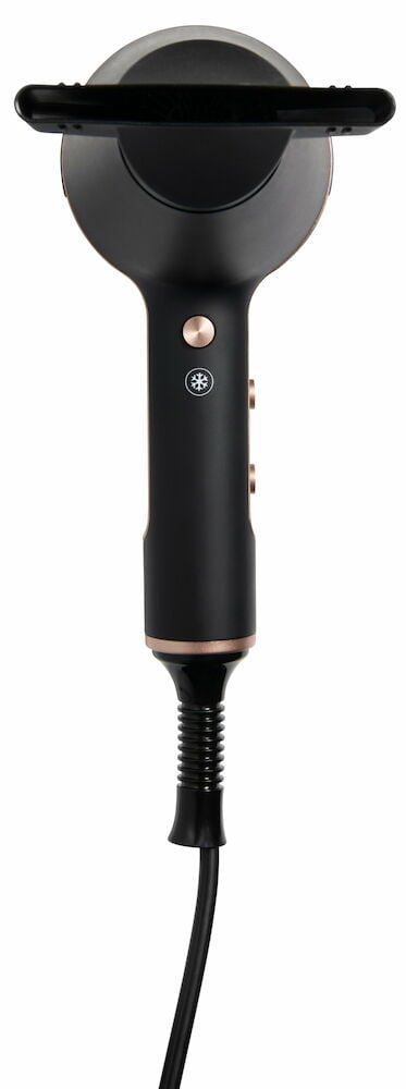 Svart hårfön med munstycke och sladd.