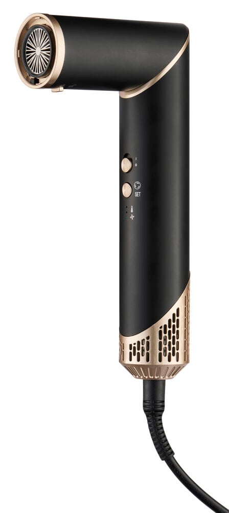 Svart L-formet Multistyler 6 i 1 HMSC26 med gulldetaljer, kontrollknapper og perforert base.