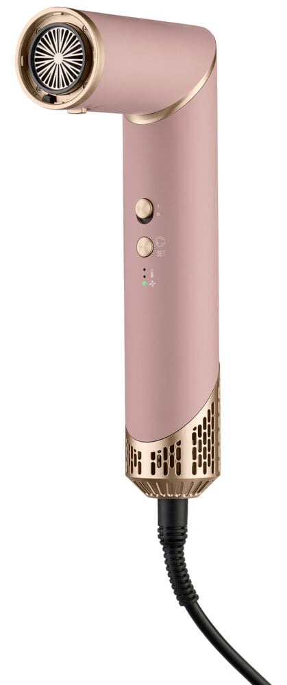 Multistyler Rosa 6 i 1 HMSC26, en L-formet rosa og gullfarget hårstyler med en svart strømkabel.