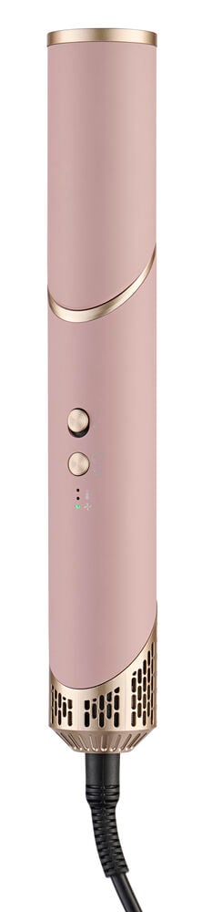 Multistyler Rosa 6 i 1 HMSC26, et sylindrisk roségull stylingverktøy med gulldetaljer, knapper og svart ledning.
