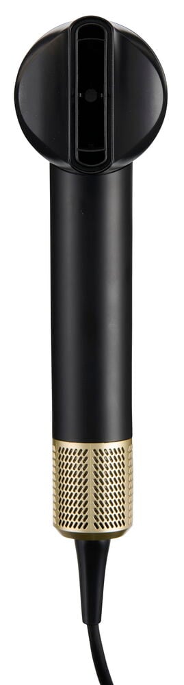 Föhn BLDC Schwarz HDB26 mit schwarzem Gehäuse, goldfarbenem perforiertem Sockel und schwarzem Kabel.