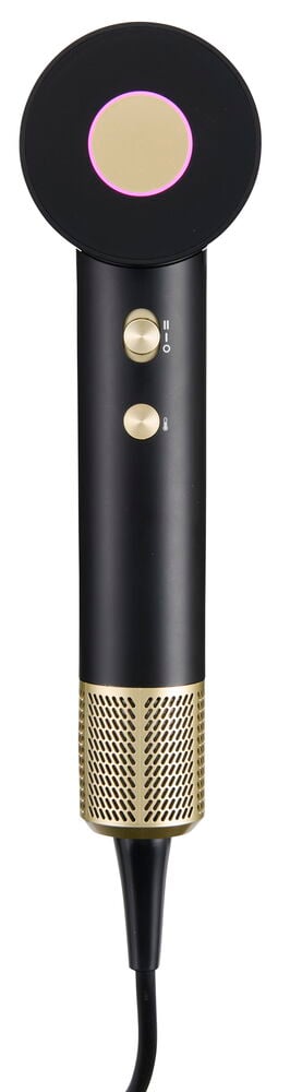 Föhn BLDC Schwarz HDB26, schwarz-gold mit Geschwindigkeits- und Temperaturtasten, sowie einem rosa leuchtenden Rundkopf.