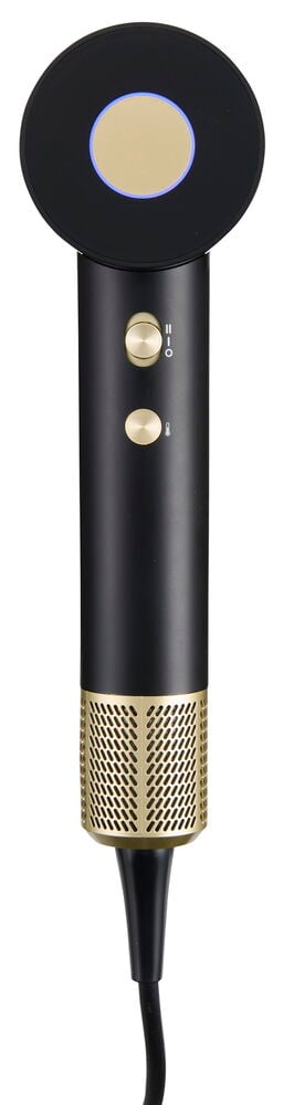 Schwarz-goldener Föhn BLDC Schwarz HDB26 mit runder Düse, blauem Licht und goldenen Bedienelementen.