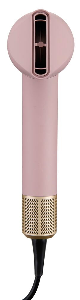 Föhn BLDC Rosa HDB26, ein rosafarbener Haartrockner mit goldenem Gitter und schwarzem Kabel.