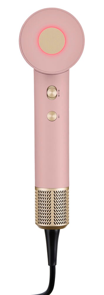 Föhn BLDC Rosa HDB26 in Rosa mit Goldakzenten und einem rot beleuchteten Ring um die Düse.