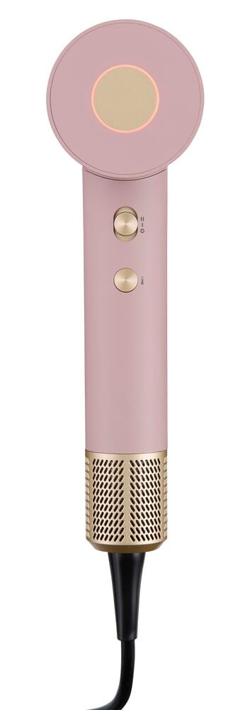 Vorderansicht eines rosa- und goldfarbenen Föhn BLDC Rosa HDB26 mit kreisförmiger LED-Leuchte und goldenen Knöpfen.