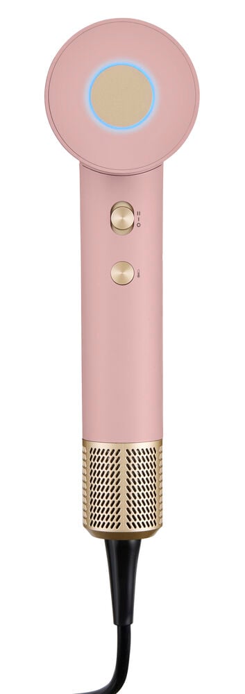 Föhn BLDC Rosa HDB26, ein rosa Föhn mit goldfarbenen Bedienelementen, einem goldfarbenen Lüftungsgitter und einem blauen Lichtring.