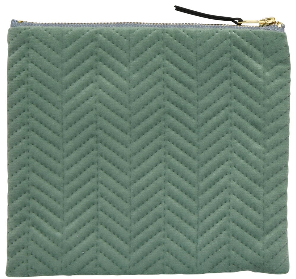 Grön velour sminkväska med dragkedja.