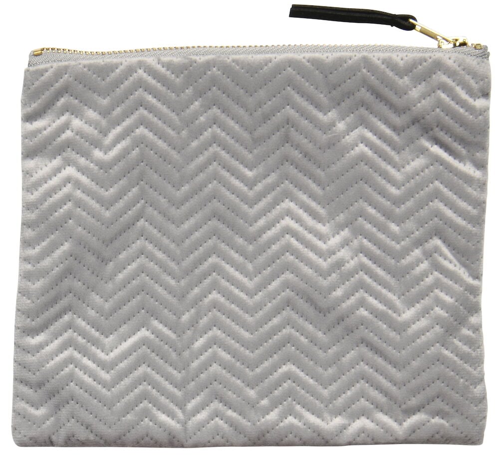 Grå sminkväska i sammet med dragkedja.