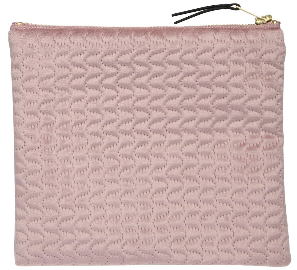 Rosa sminkväska i sammet med dragkedja.