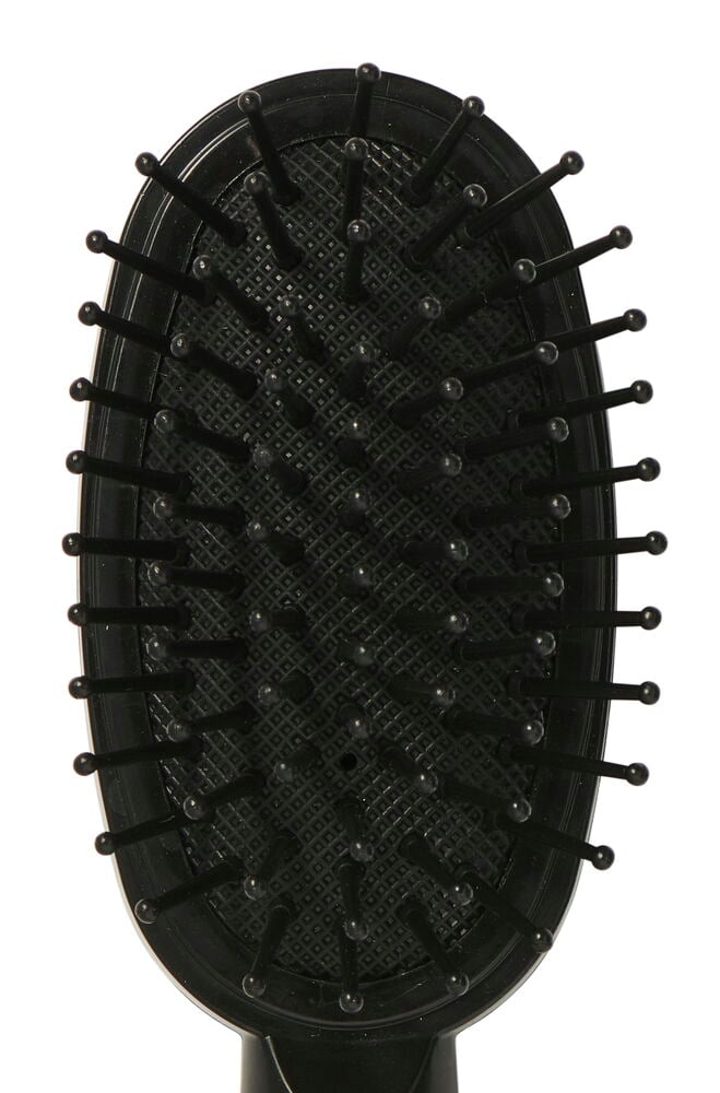 Svart kompakt mini hårbørste med plastpigger.