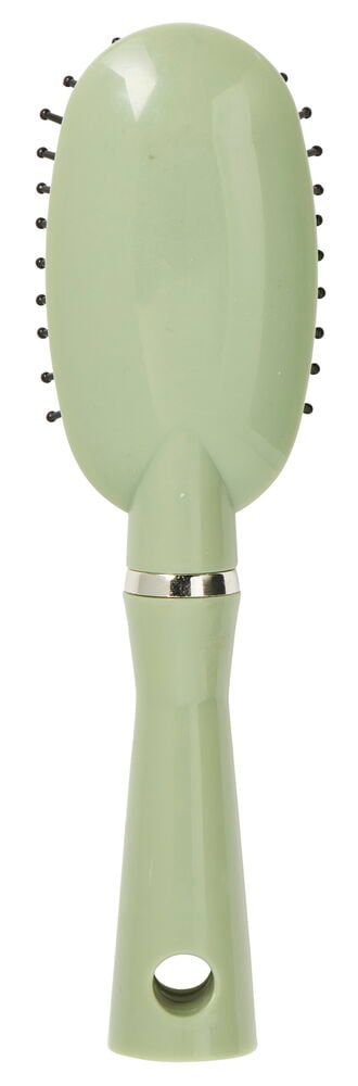 Liten grønn oval hårbørste med håndtak.