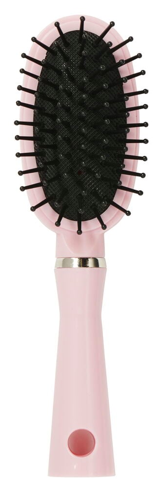 Liten rosa oval hårbørste med svart bust.
