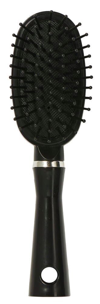 Svart oval mini hårbørste med plasthåndtak.