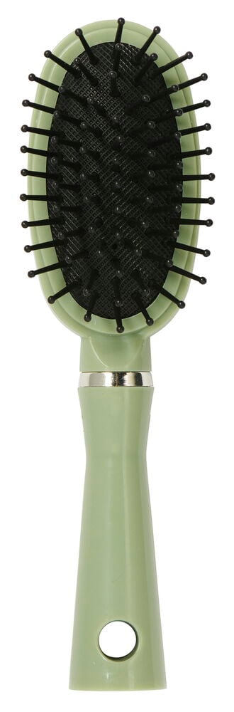 Liten oval grønn hårbørste med svart bust.