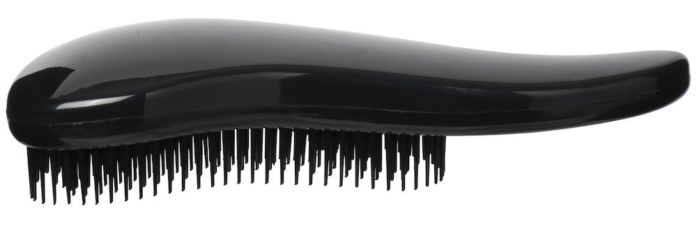 Musta ergonominen hiusharja tiheästi asettuvilla harjaksilla.