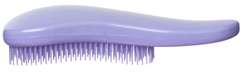 Vaaleanliila hiusharja ergonomisella kahvalla ja muovitapeilla.