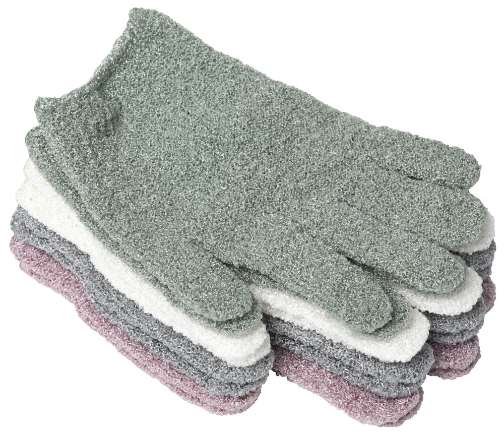 Flera peelinghandskar i olika färger staplade tillsammans.